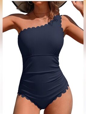 Charmo One Shoulder Swimsuit Ribbed Scalloped Slimming Full Coverage nwt large